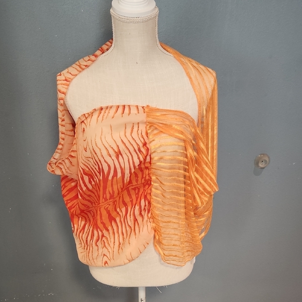 Just Be Mix Media Sheer Ribbon Lace Neon Orange Tiger Print Circle Wrap Scarf